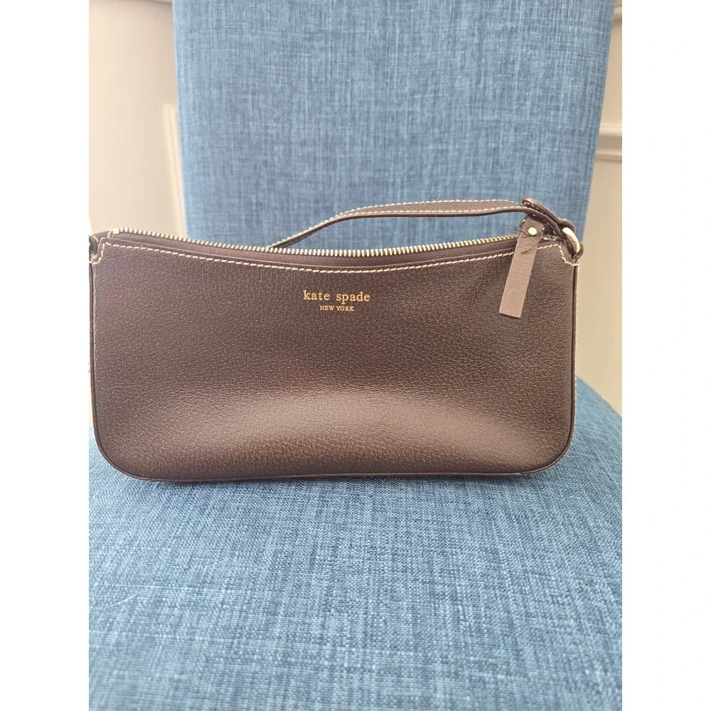 Kate Spade Brown Pebbled Leather‎ Baguette Shoulder Bag White Stitching